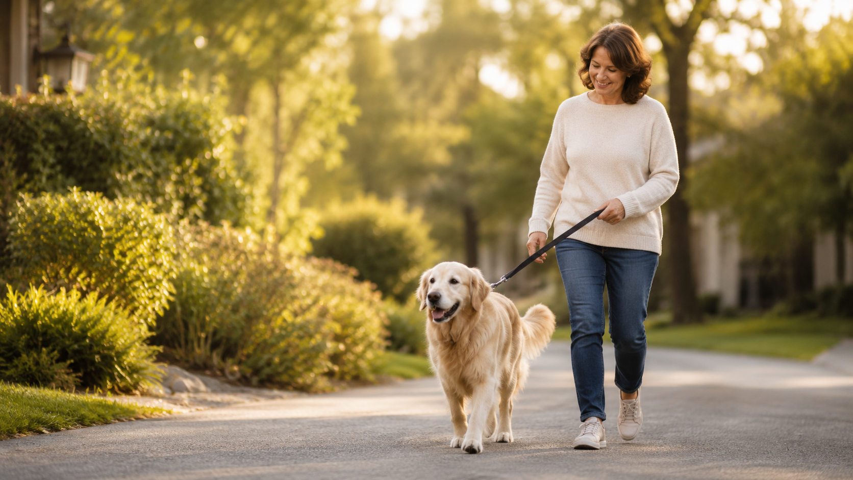 Adulte promenant un chien